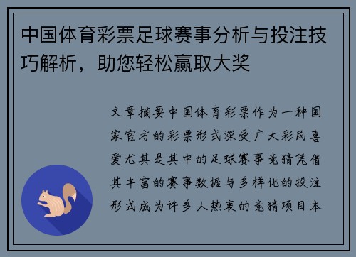 中国体育彩票足球赛事分析与投注技巧解析，助您轻松赢取大奖