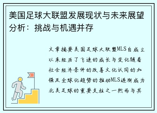 美国足球大联盟发展现状与未来展望分析：挑战与机遇并存