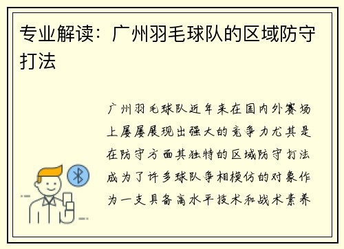 专业解读：广州羽毛球队的区域防守打法