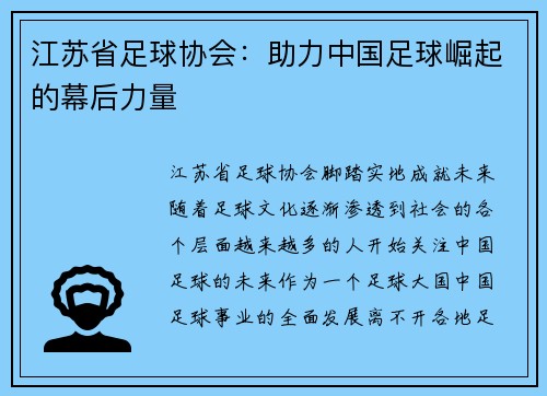 江苏省足球协会：助力中国足球崛起的幕后力量