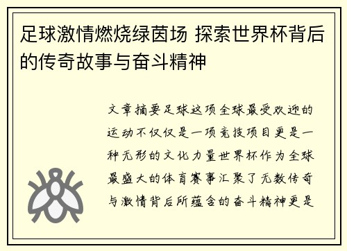 足球激情燃烧绿茵场 探索世界杯背后的传奇故事与奋斗精神
