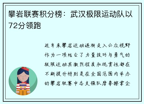 攀岩联赛积分榜：武汉极限运动队以72分领跑