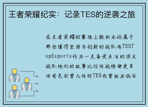 王者荣耀纪实：记录TES的逆袭之旅
