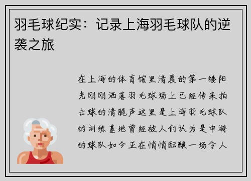 羽毛球纪实：记录上海羽毛球队的逆袭之旅