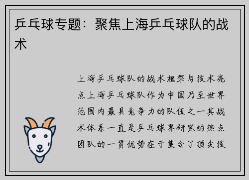 乒乓球专题：聚焦上海乒乓球队的战术